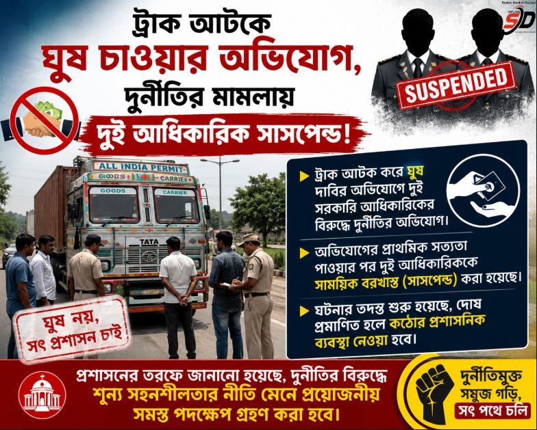 ট্রাক আটকে ঘুষ চাওয়ার অভিযোগ, দুই মোটর ভেহিকেল ইন্সপেক্টর সাময়িক বরখাস্ত!