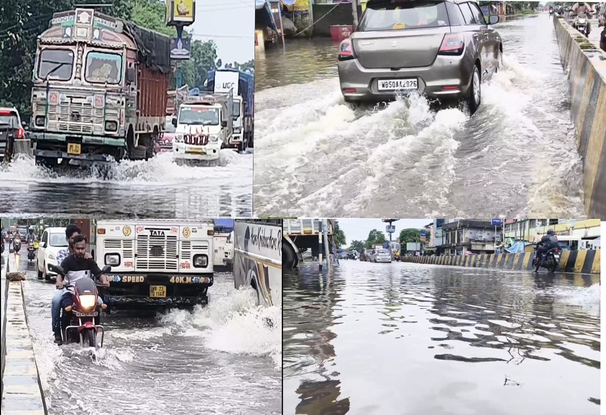 মেদিনীপুরের ধর্মায় জলযন্ত্রণা! ৬০ নম্বর জাতীয় সড়কে হাঁটুসমান জল, দুর্ভোগে যাত্রী-চালক