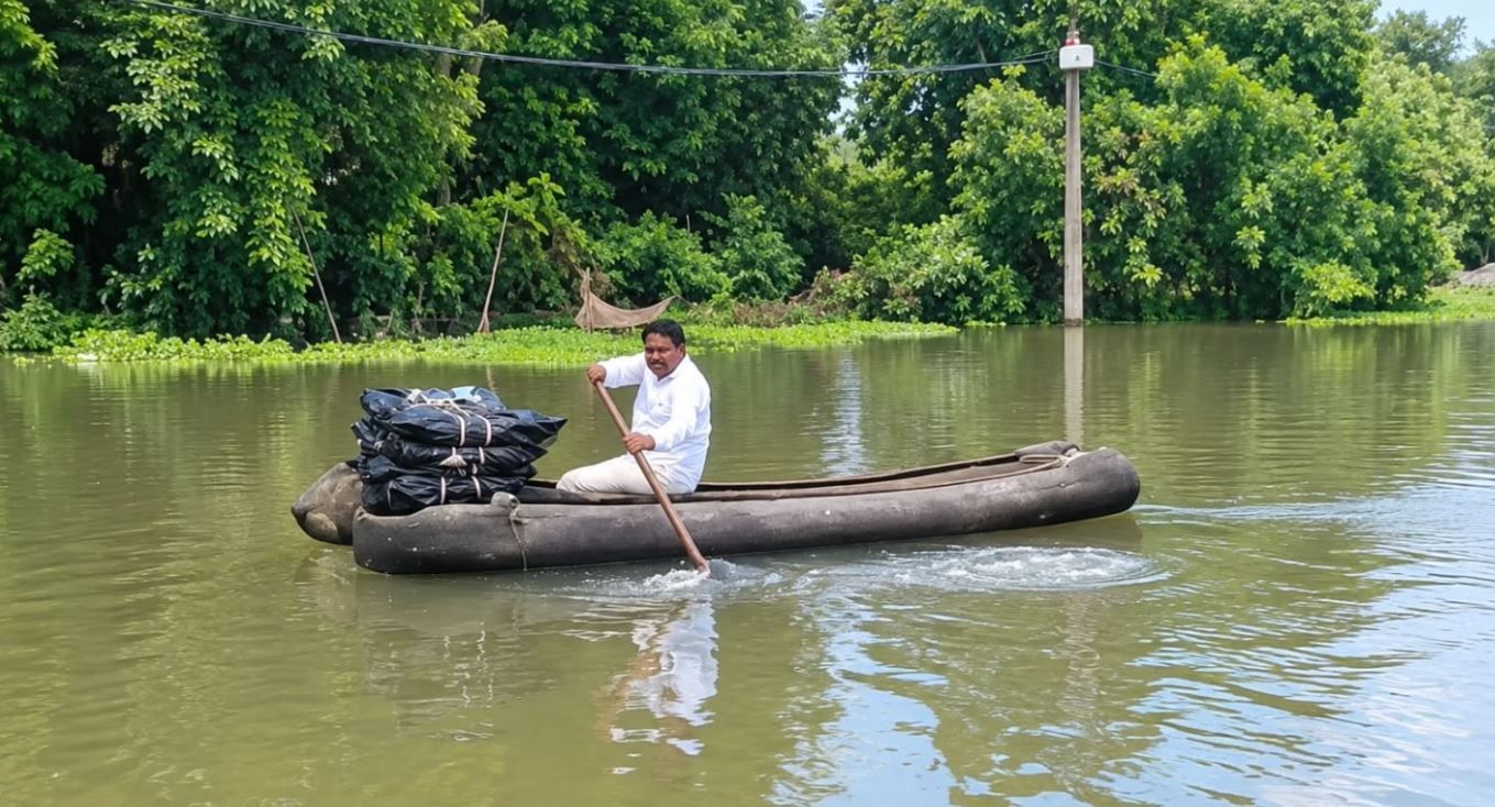 বন্যাকবলিত ঘাটালে নিজেই ডিঙি চালিয়ে বাড়ি বাড়ি ত্রাণ, জলবন্দি মানুষের পাশে বিধায়ক শীতল কপাট!
